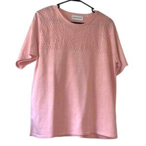 Alfred Dunner Pink Short-Sleeve Knit Top With Floral Lace Detail Womens Size L